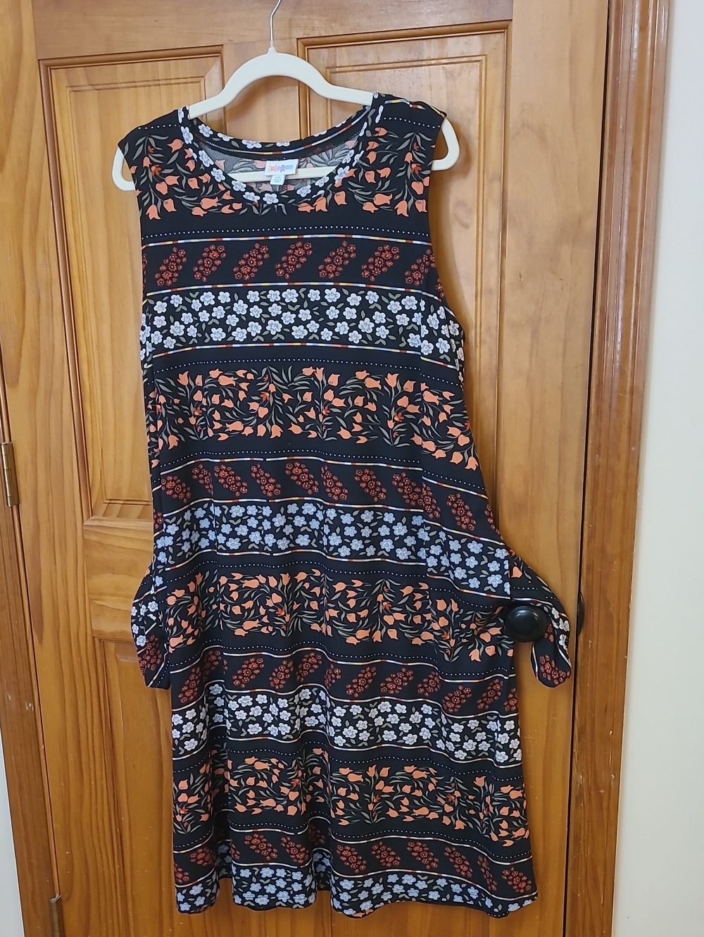 LuLaRoe Black Floral-Striped Midi Dress with Coral and White Accents